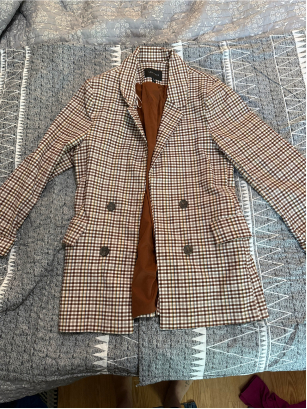 Women's Love Tree Plaid Blazer Jacket Size L Brown White